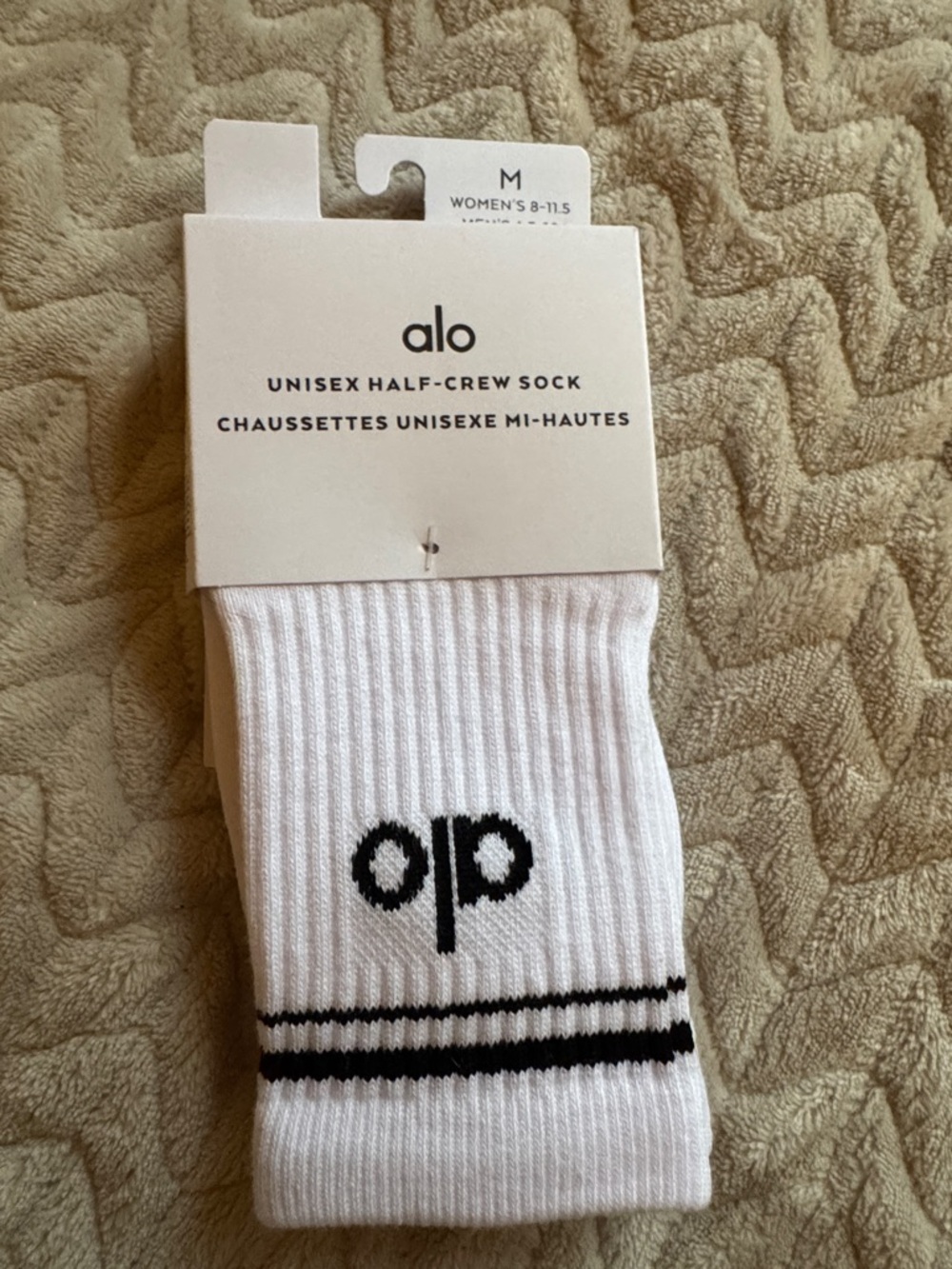 ALO Yoga White Half-Crew Socks with Black Logo and Stripes